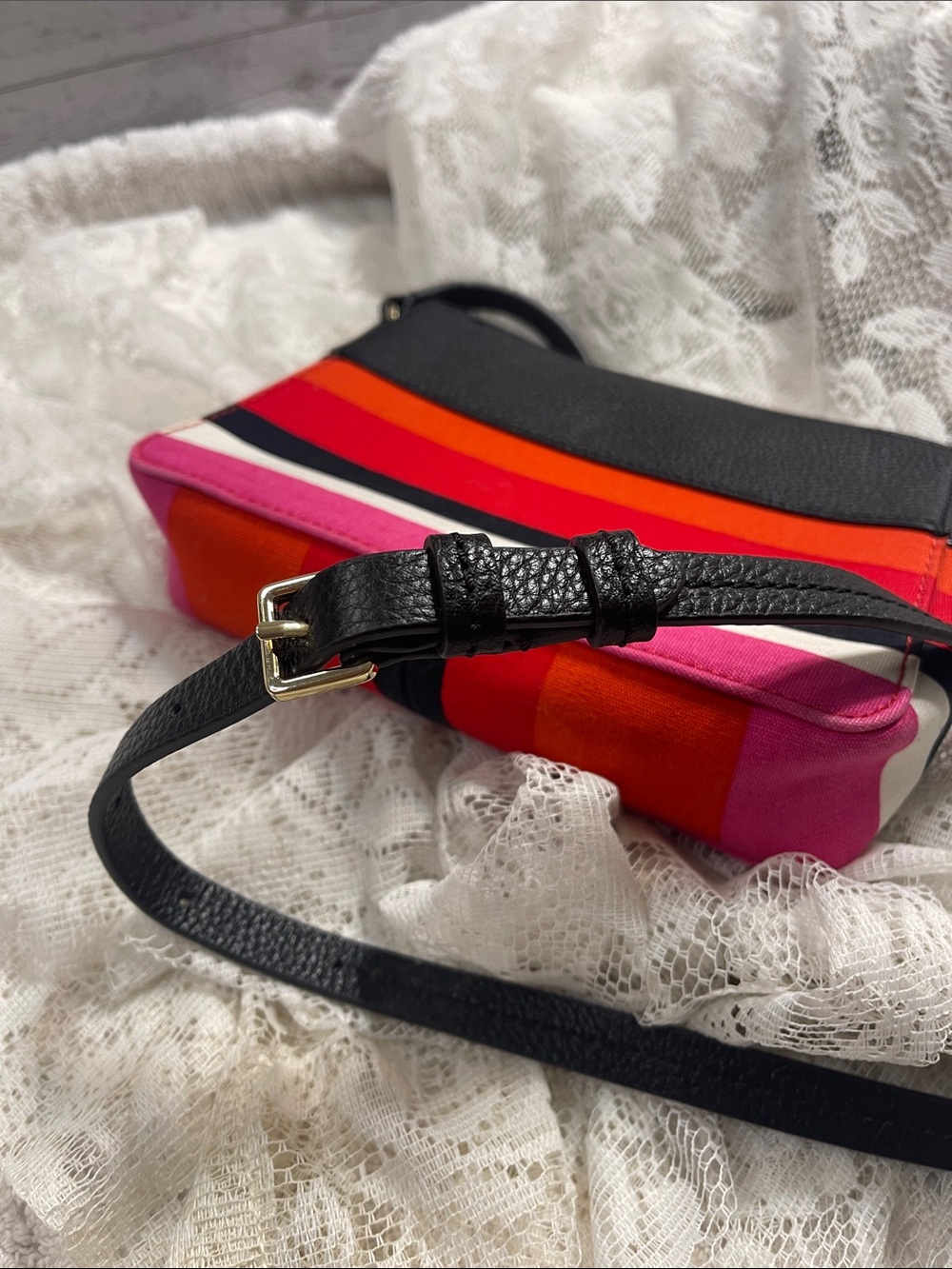 NWT Kate Spade NY Hayes black leather small canvas leather crossbody strips - Picture 11 of 11